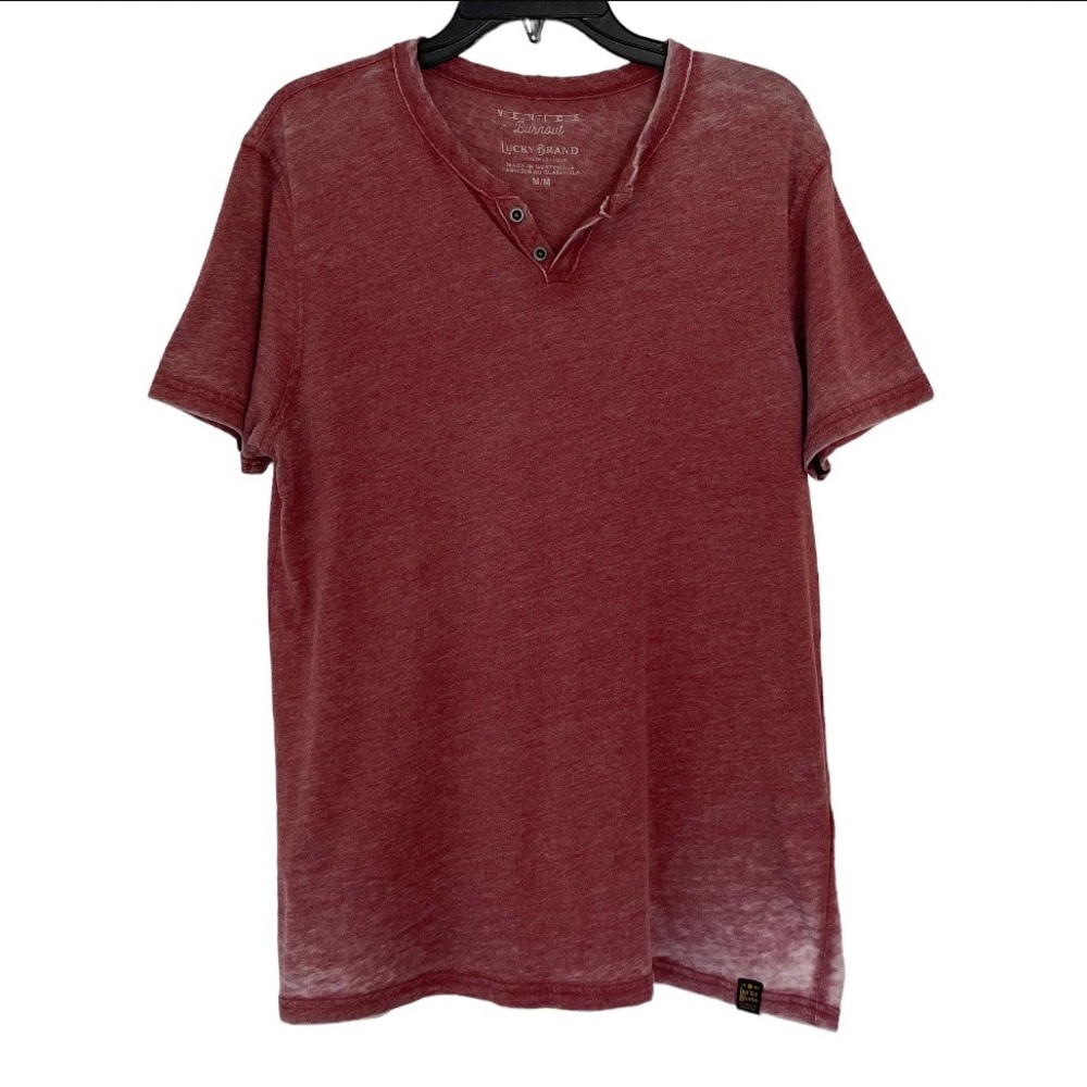 Lucky Brand Venice Burnout Tee Tshirt Sz Medium Notch Split Neck Red